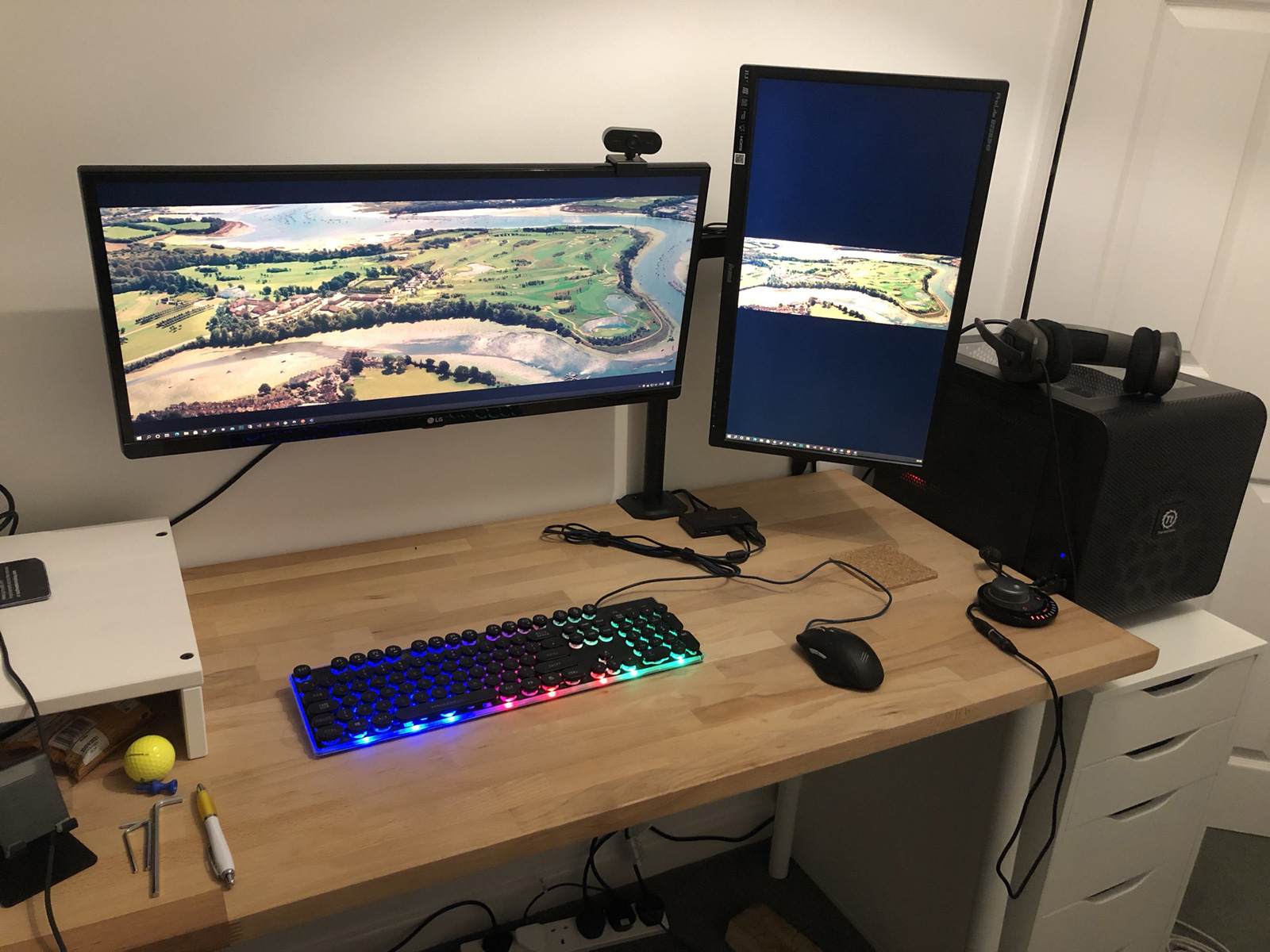 Desktop PC, monitors, and desk in June 2021 normal use - same equipment was successfully salvaged after asbestos exposure and remains in daily use 3+ years later