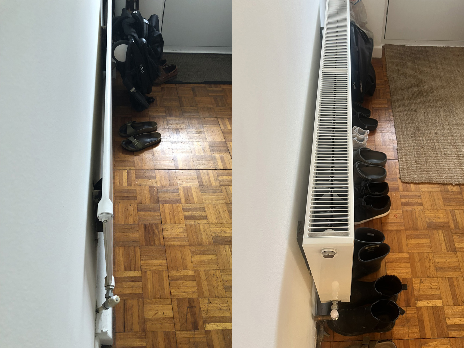 Side-by-side comparison of old T1 radiator (left) vs new T22 radiator (right) showing convector fins