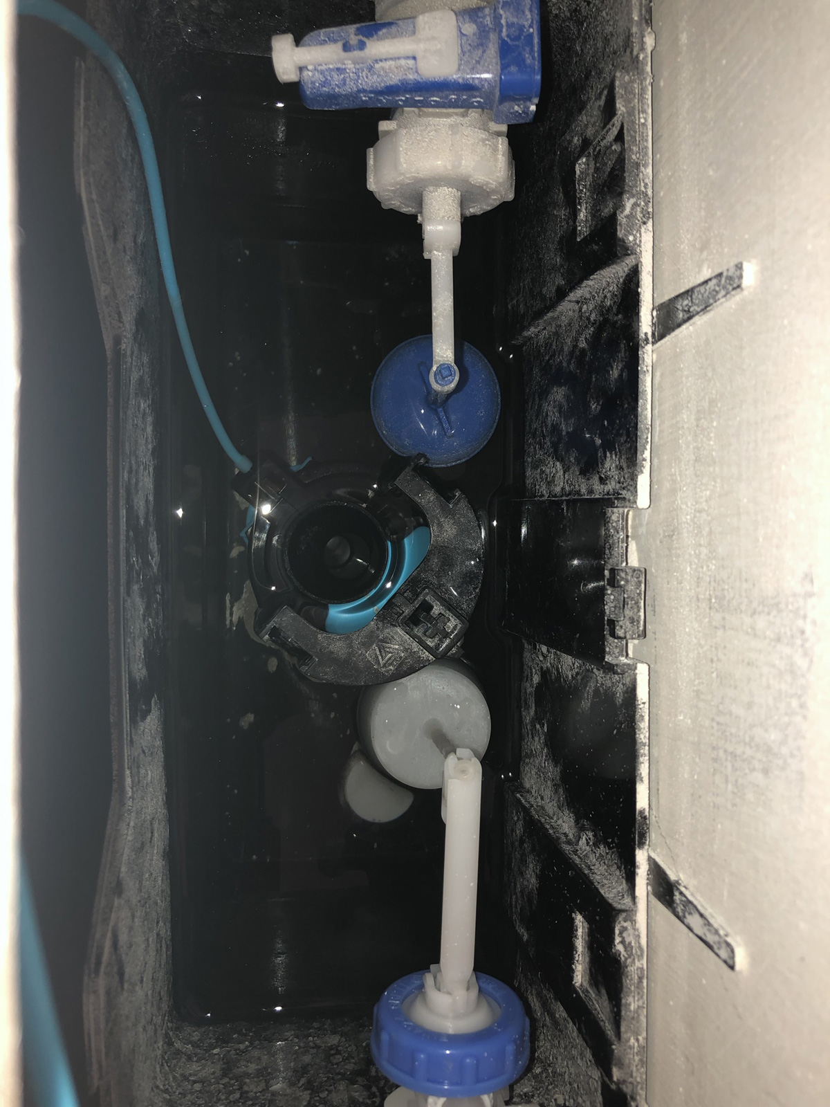 Toilet cistern showing dual water supply - rainwater inlet and mains water backup with air gap