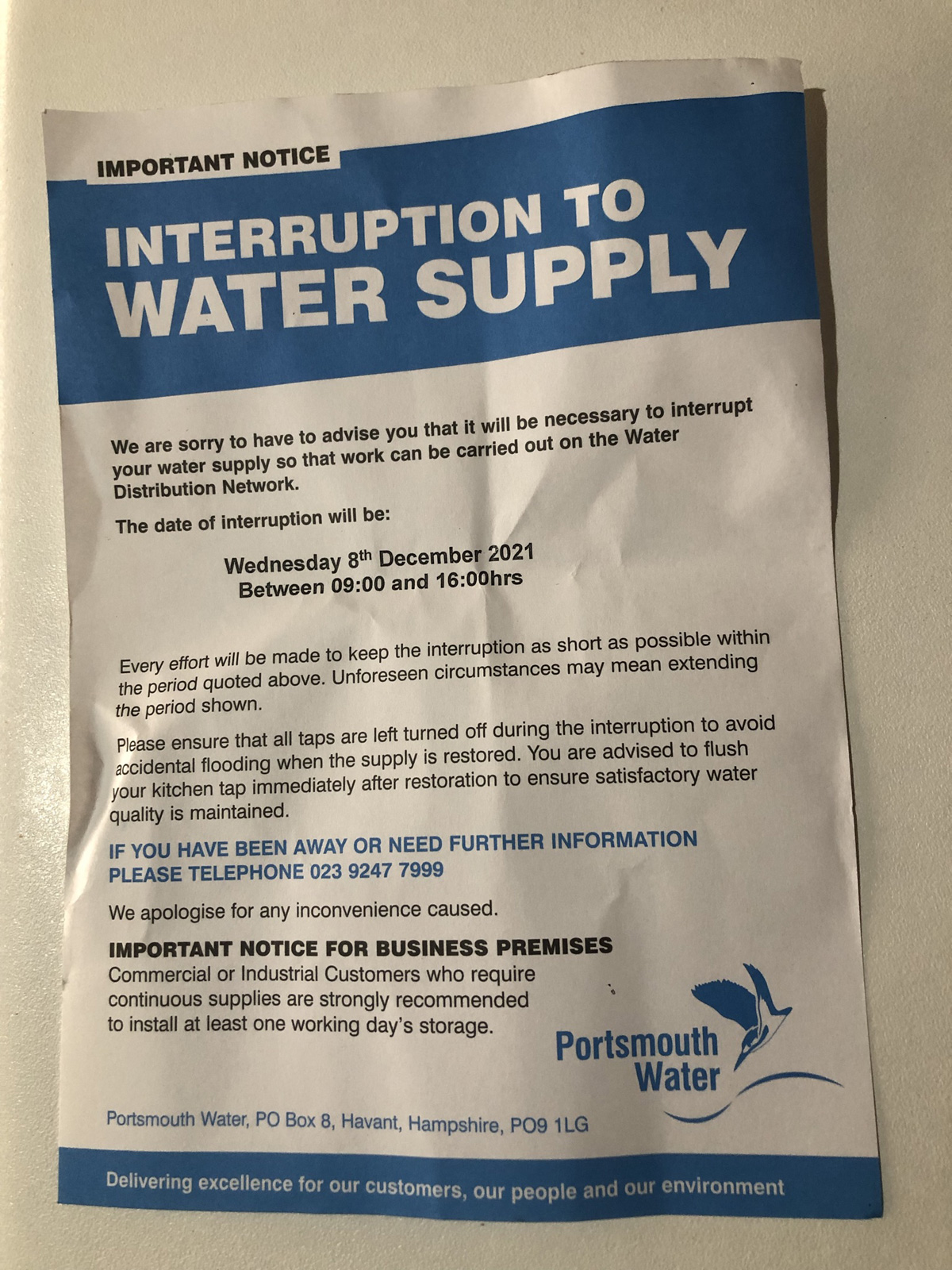 Water supply interruption notice 2