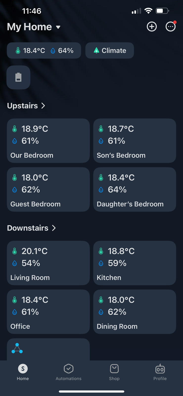 SwitchBot app showing humidity and temperature data