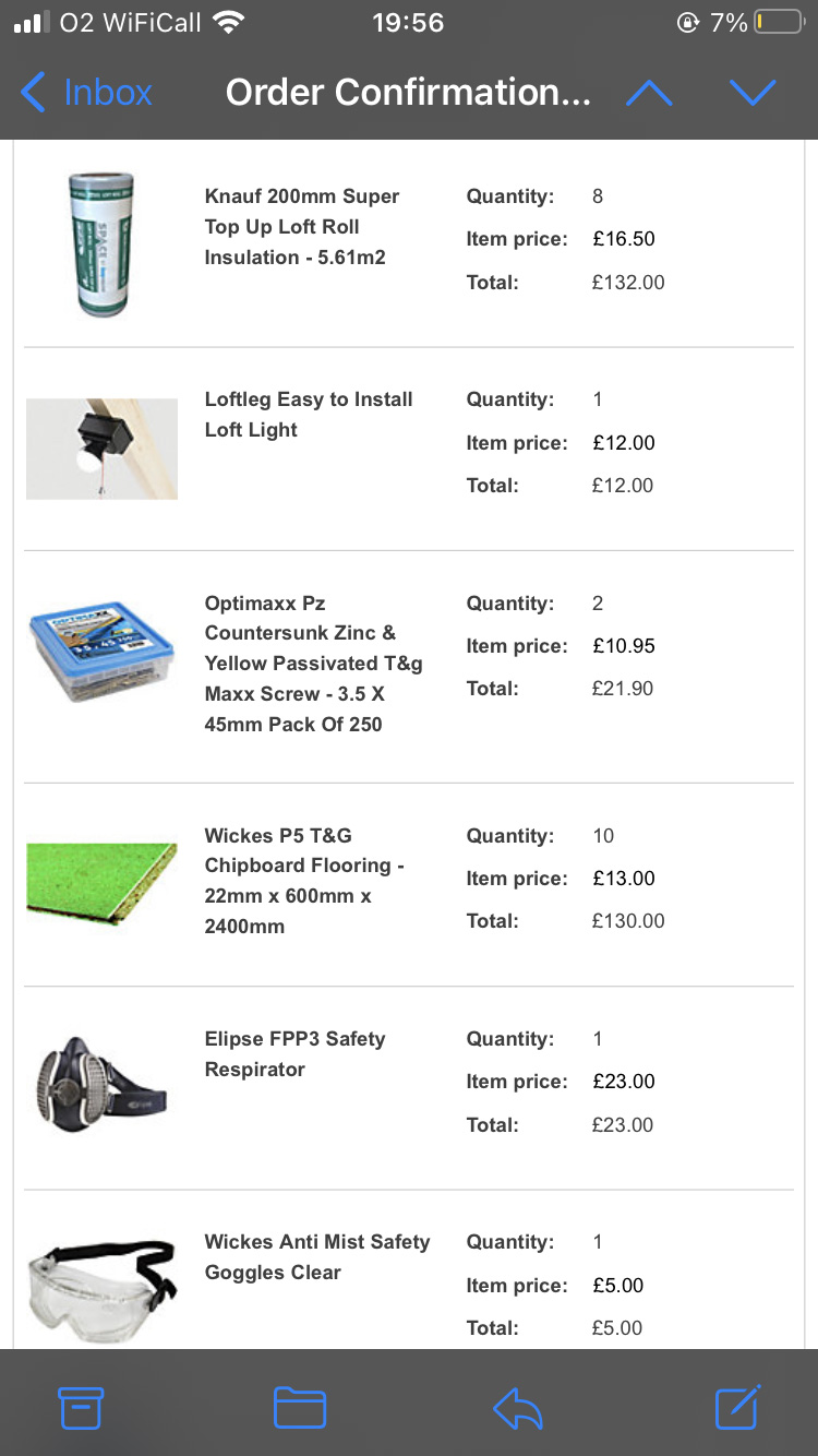 Loft insulation materials order receipt showing £598.09 total for Phase 1