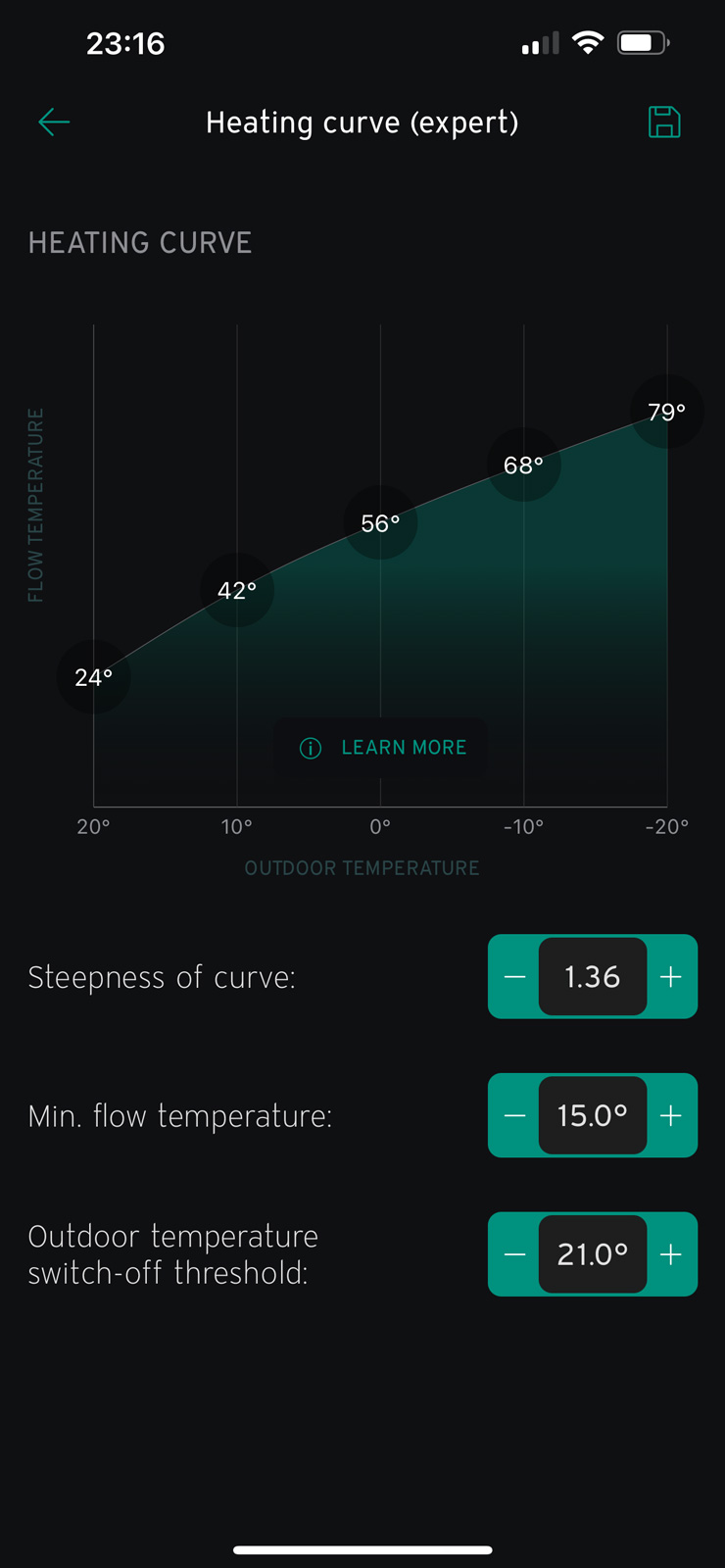 myVAILLANT app heat curve settings interface
